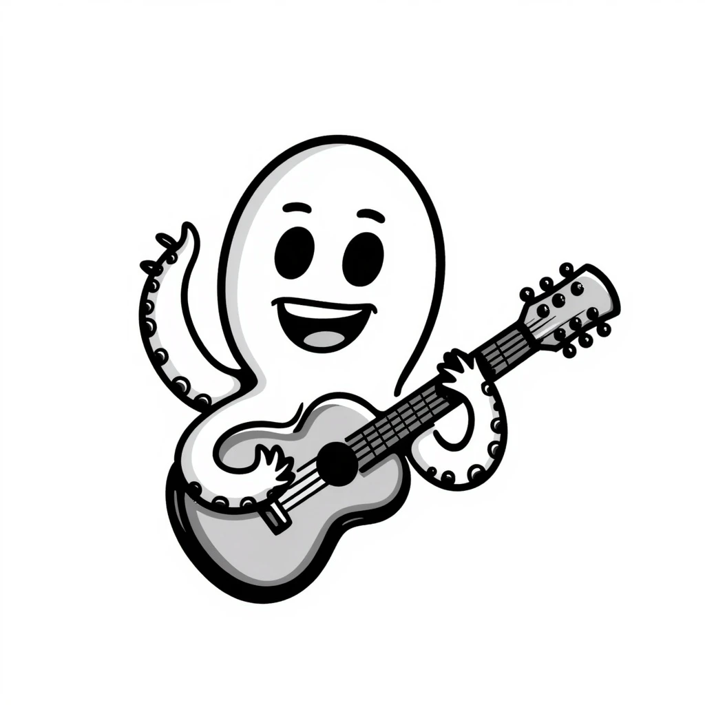 happy octopus with multiple arms playing guitar emoji