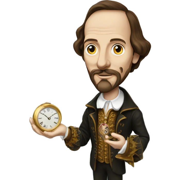 William Shakespeare holds an antique gold watch on a chain in his hand emoji