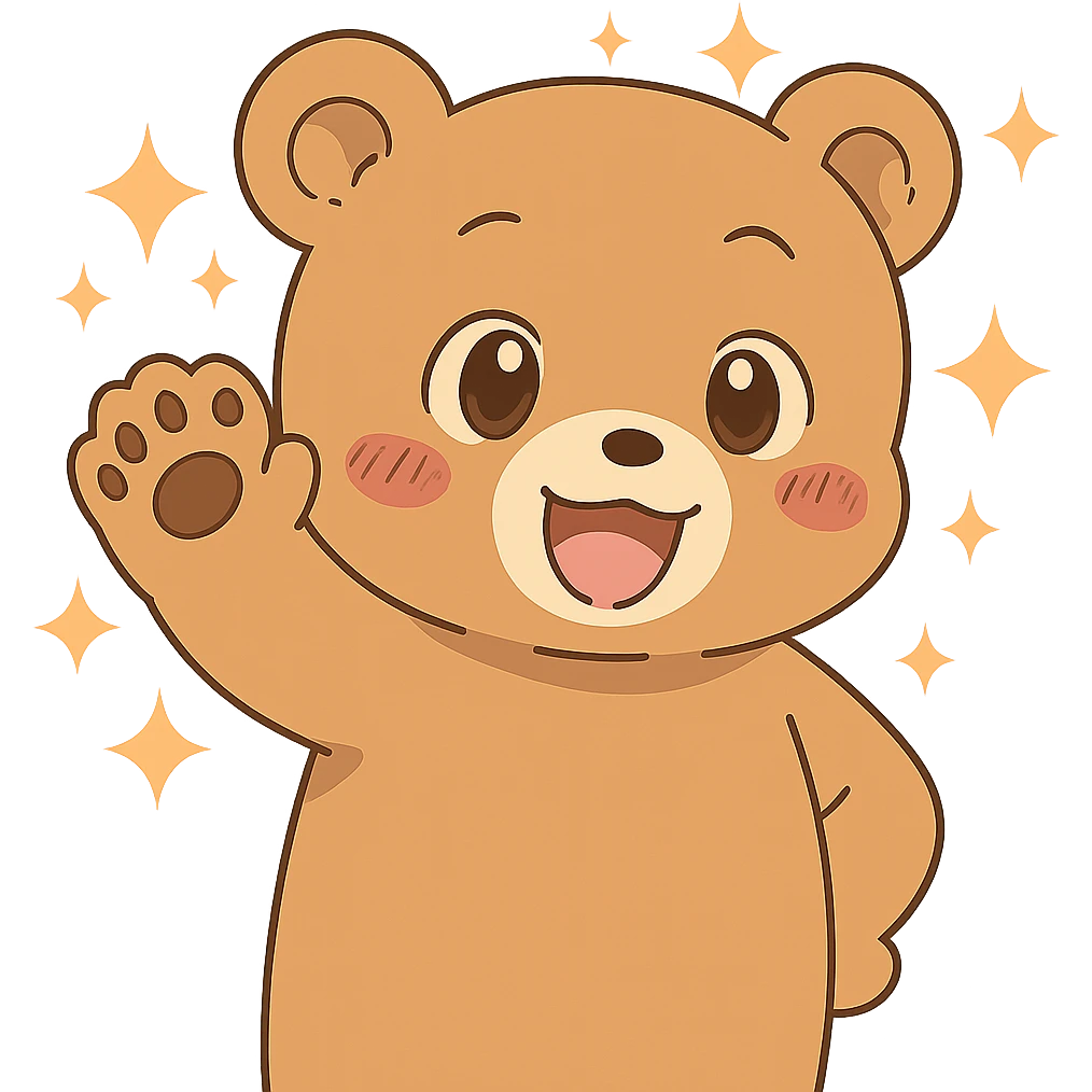 Add magical sparkles around the chibi bear waving bye. Keep the image with no background. emoji