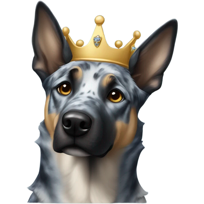 A malinois dark blue merle color with a crown on his head emoji
