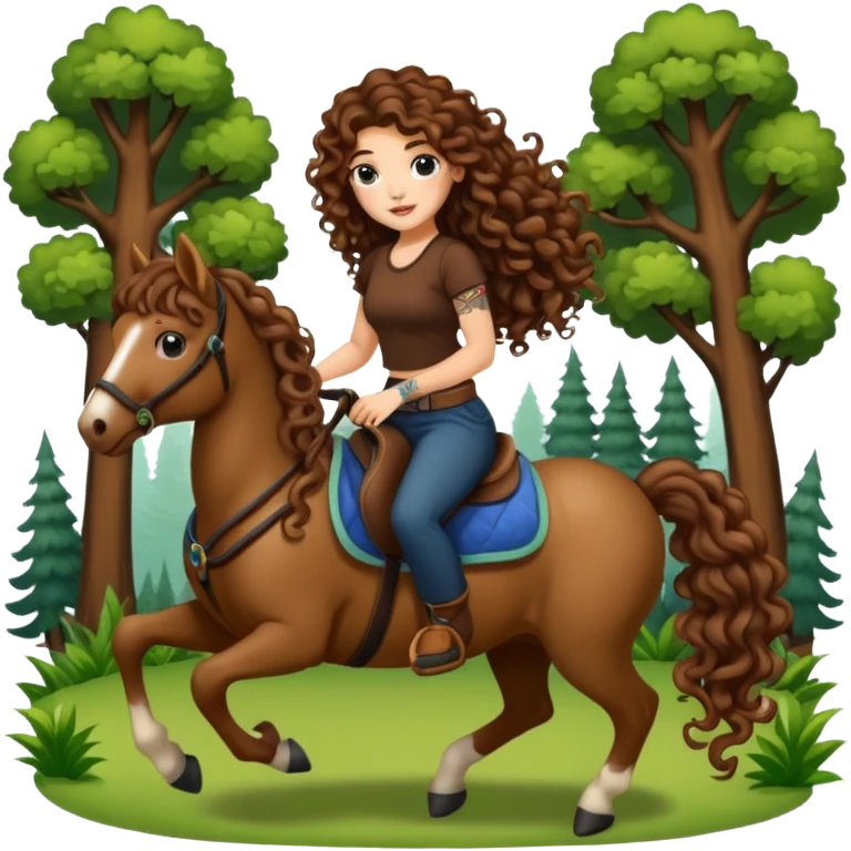 cute woman long curly brown hair tattoos riding forest pony emoji