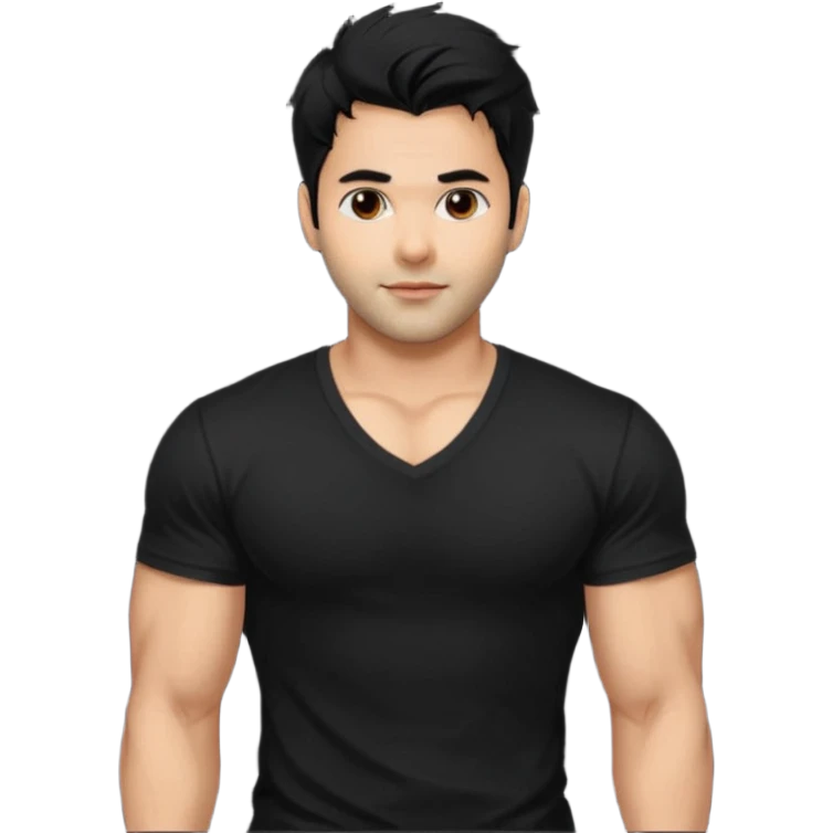 generate a pretty bratz Varun Dhawan with 
Make him wear a black v neck tshirt. muscular but still lean
He shoudl look exactly like VArun DHawan.  messy black hair emoji
