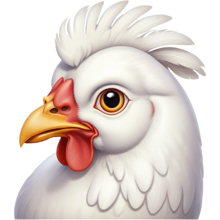 Cinematic Noble White Chicken Portrait Emoji, Poised and regal, with a compact, sturdy build and a pristine, well-groomed pure white plumage, deep-set soulful beady eyes, Simplified yet sharp and sophisticated features, highly detailed, glowing with a soft, dignified glow, high shine, intelligent and alert, stylized with an air of barnyard elegance, focused and attentive, soft glowing outline, capturing the essence of a watchful and confident fowl, so majestic it feels as though it could strut out of the screen with effortless authority! emoji