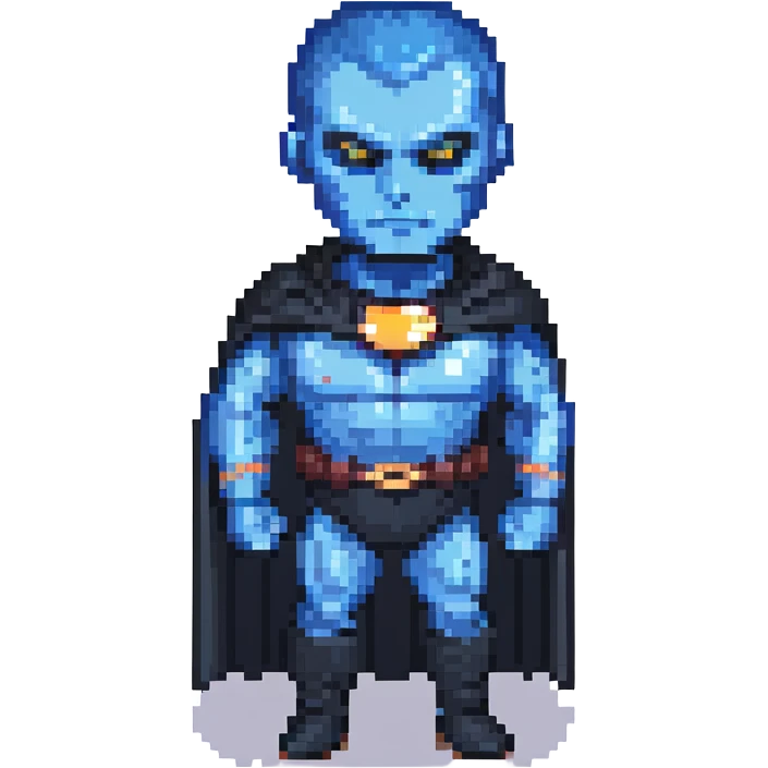 megamind character, blue-skinned supervillain with a large head, wearing a black cape and suit, confident expression, pixel art style emoji