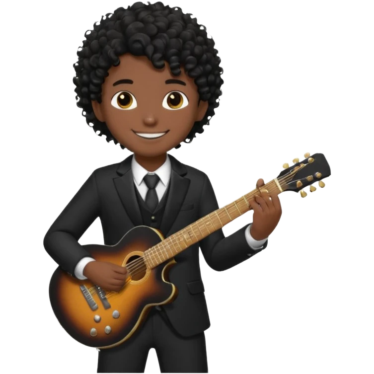 A boy with black fade curly hair Smiling and holdijg a guitar in a black suit  emoji