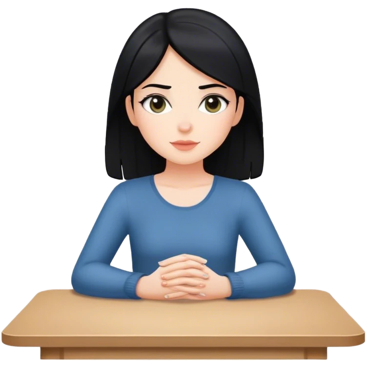 white girl black hair sitting at table with hands flat emoji