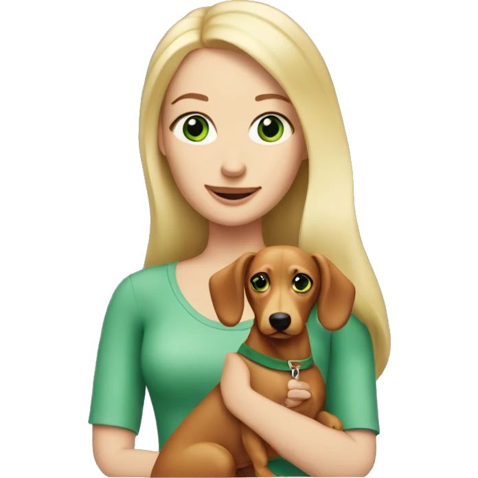 Blond woman with green eyes holding a wiener dog emoji