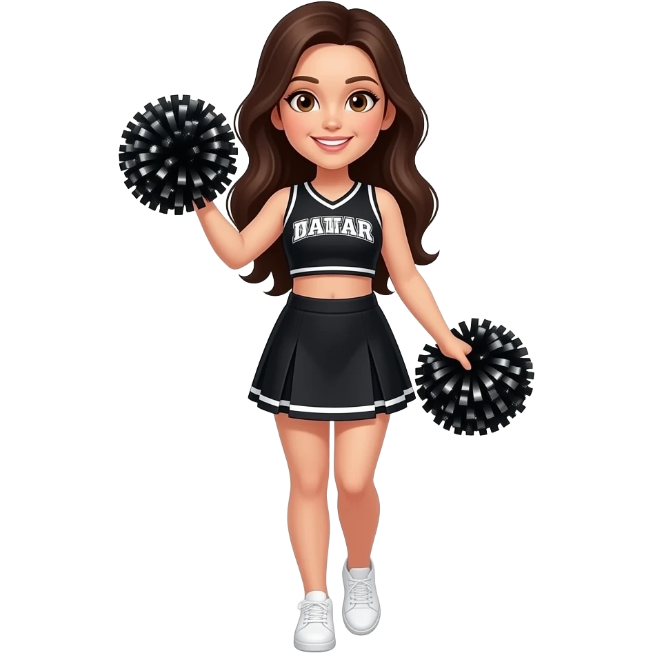 Cheerleader with long dark brown hair. Cheerleader has hazel brown eyes, cheerleader is wearing a black cheer uniform and a black cheerleading skirt. She has black sparkly Pom Pom’s and white shoes emoji