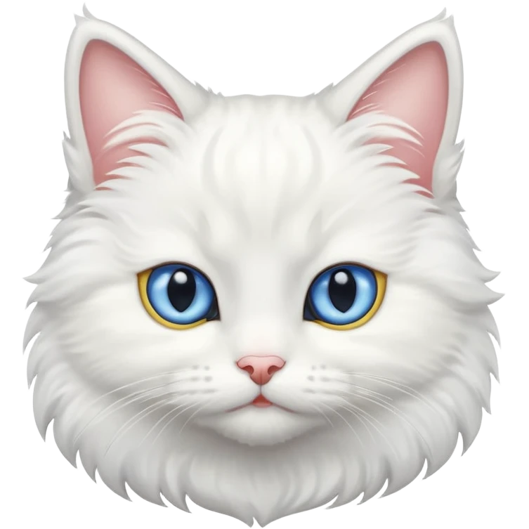 Make me a cute white fluffy cat with one blue eye and one yellow emoji