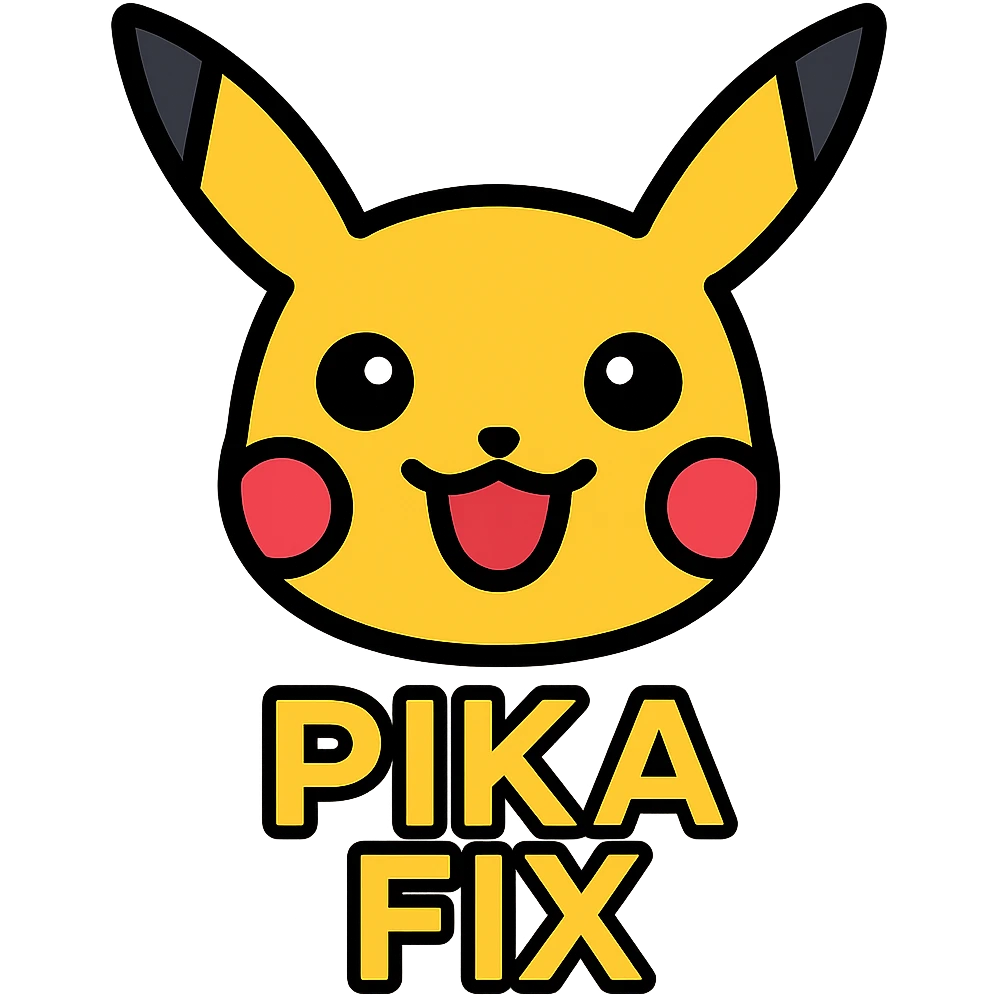 Adjust the icon so that there is very little space between Pikachu's head and the text below. Change the text 'PIKA' and 'FIX' to yellow color. The icon should be clear and cute with a transparent background. emoji