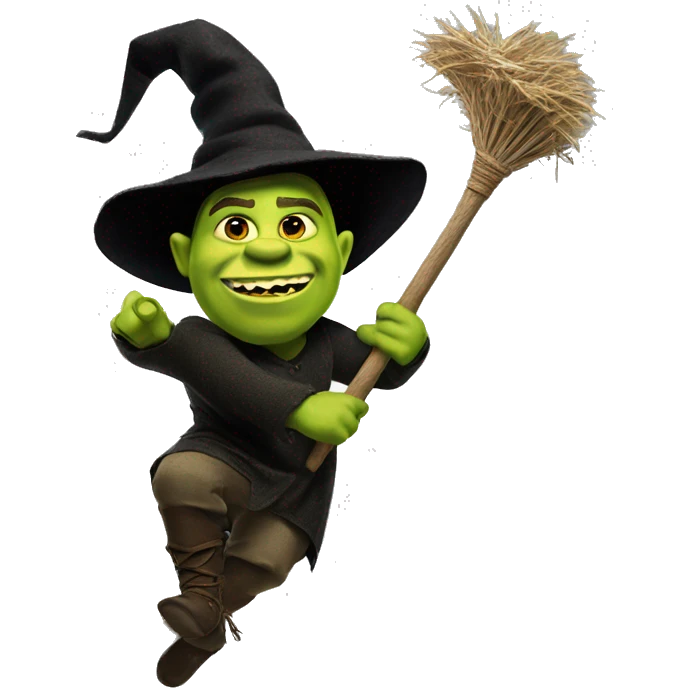 Shrek flying on a broom stick like elphaba emoji