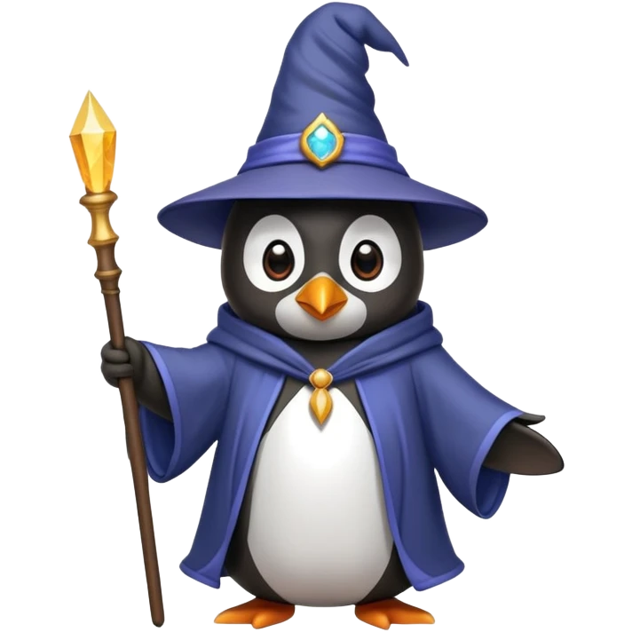 penguin wearing a wizard hat and robe, holding a magic wand emoji
