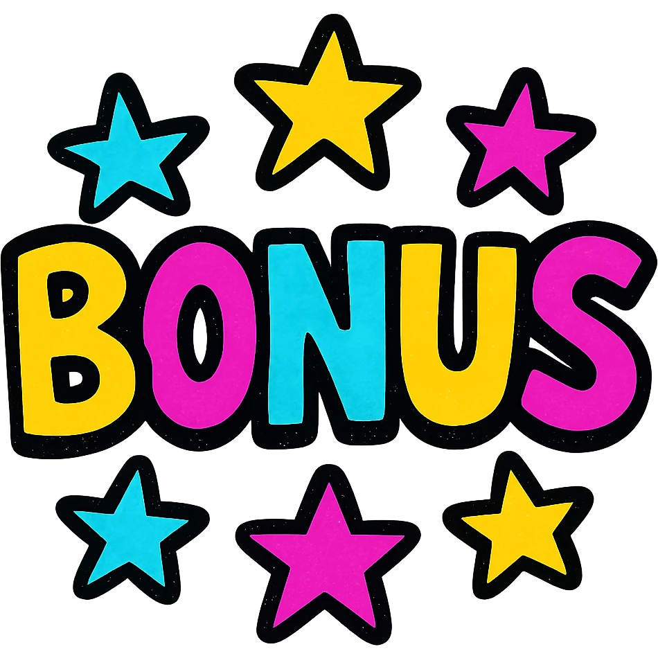 the word BONUS in large, eye-catching colorful letters surrounded by stars, no background or sign behind, just the letters and stars emoji