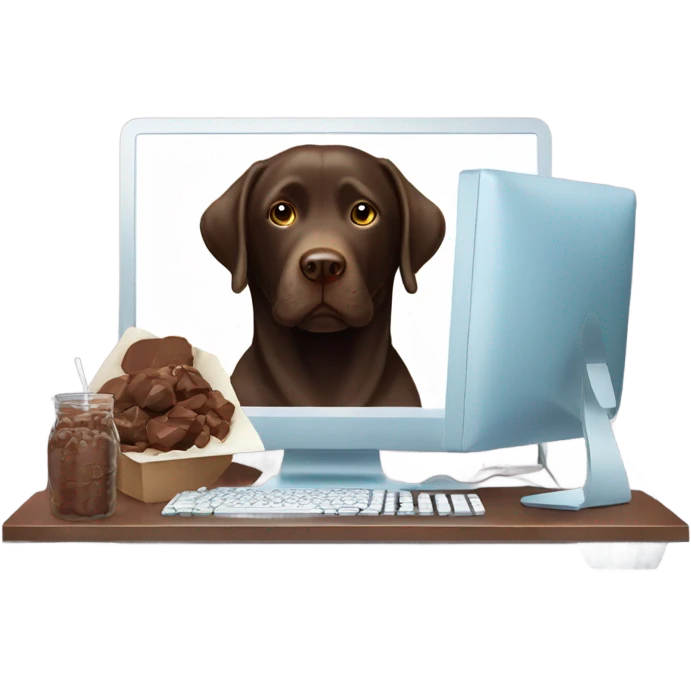 Chocolate lab working on computer with small headset , food on desk emoji