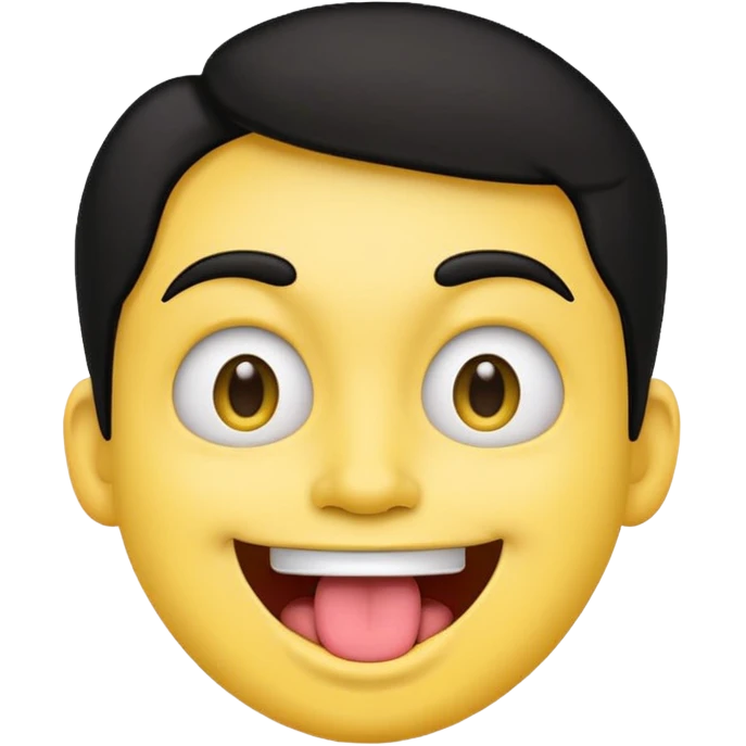 yellow face emoji smiling with huge tongue out and eyes wide open. Tongue should have the effect of wagging back and forth. Give him a head of black hair emoji
