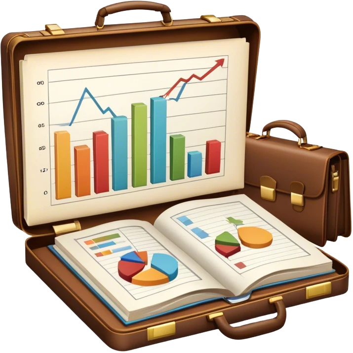 Icon for Business Reading: an open book with a chart and graphs emerging from the pages, surrounded by a briefcase, a laptop, and a pen. The icon should represent the knowledge and strategies found in business literature. Transparent background. emoji