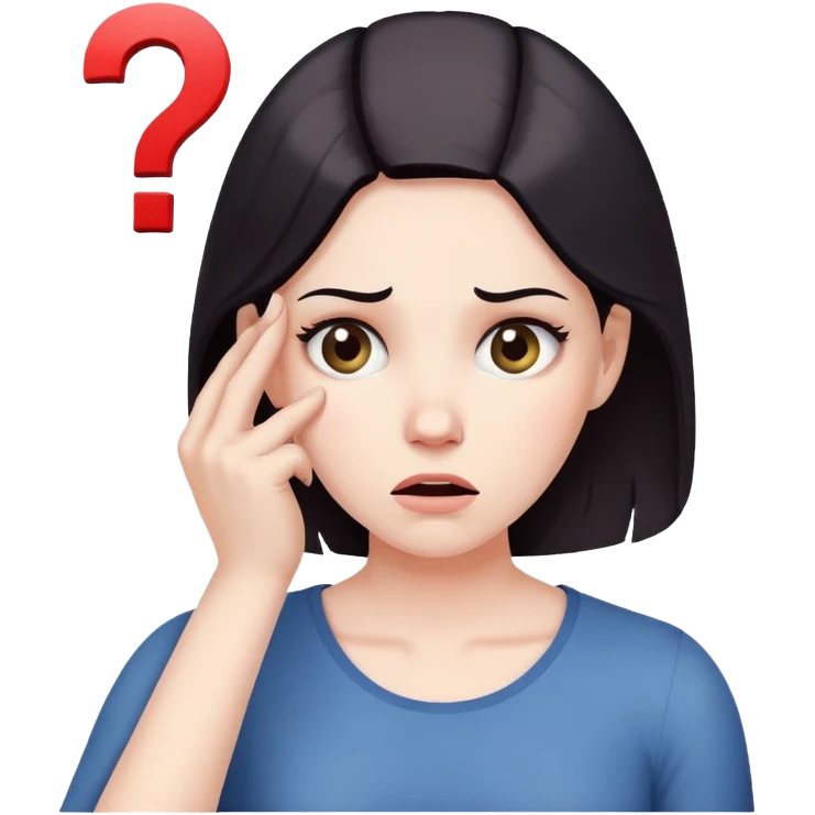 Woman with puzzled expression, scratching her head with a question mark emoji