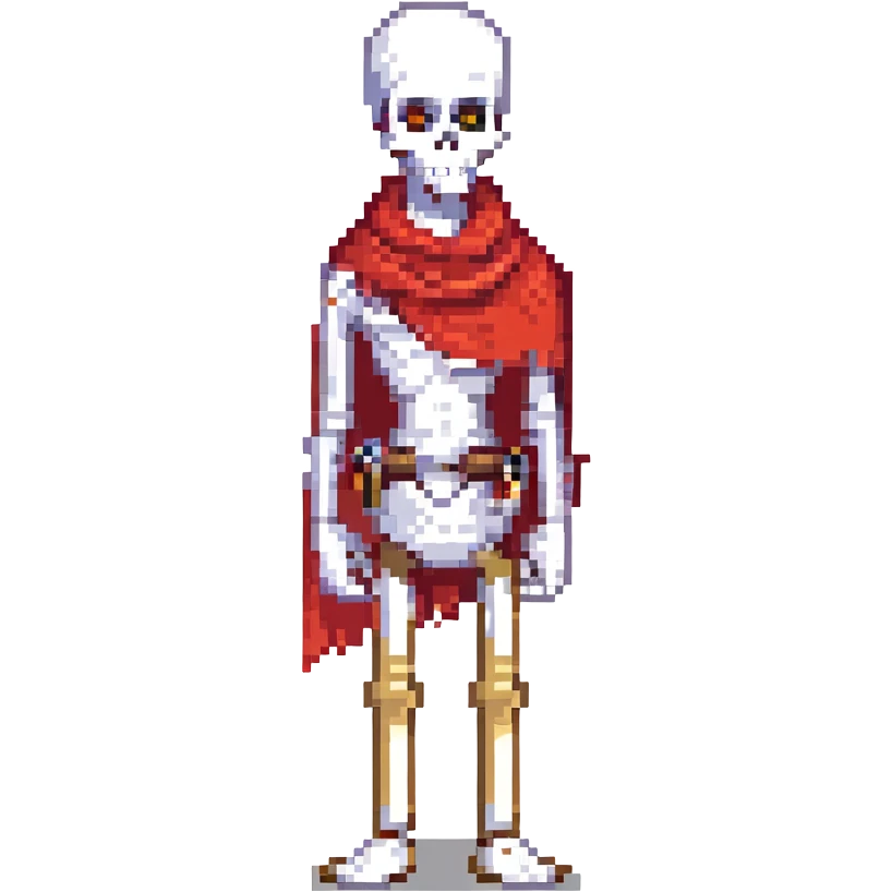 pixel art of Undertale Papyrus character, tall and lanky, red scarf, heroic pose emoji