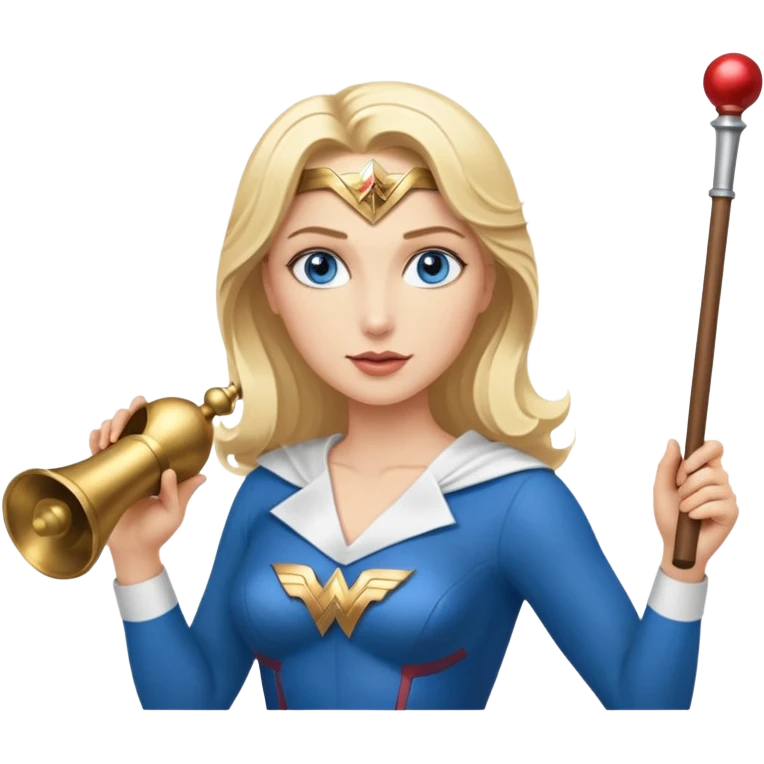 Blonde blue eyes Wonder Woman holding bell and short white orchestra conductor’s baton  emoji