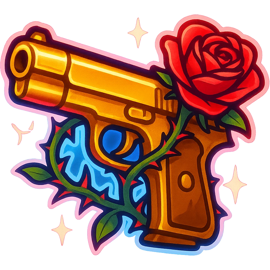 gold pistol wrapped in thorny rose vines, dramatic neon glow, Baz Luhrmann style, chibi weapon icon, love and violence symbolism, discord emoji size emoji