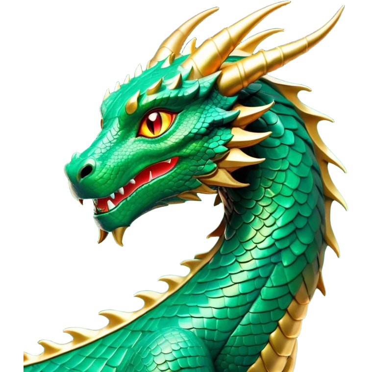 Cinematic Noble Dragon Portrait Emoji, Poised and majestic, with a sinuous, elongated build and shimmering, scale-covered skin in hues of emerald and gold, piercing, fiery eyes, Simplified yet sharp and sophisticated features, highly detailed, glowing with a mystical, radiant glow, high shine, intelligent and formidable, stylized with an air of ancient power, focused and attentive, soft glowing outline, capturing the essence of a watchful and legendary dragon that feels as though it could soar out of the screen with effortless authority! emoji