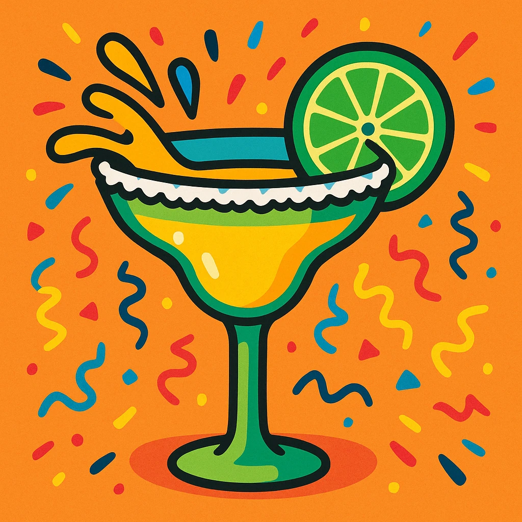 margarita glass with a salted rim, lime slice, and a splash effect, festive and colorful emoji