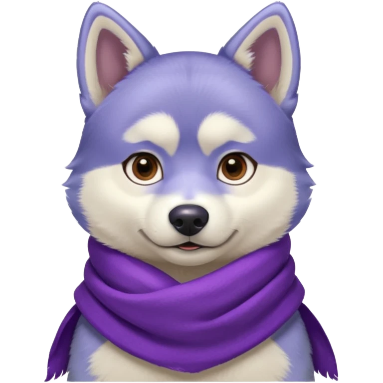 a husky with a purple scarf , a blue shirt, emoji