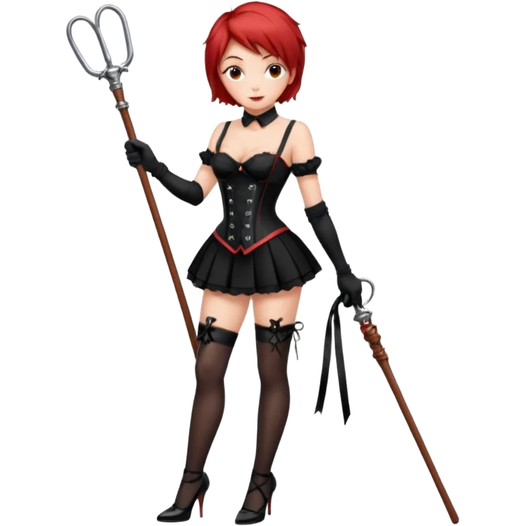 Mistress red short hair long black gloves small skirt black stockings high heels italian girl sexy black corset dominant girl e whip on hand emoji