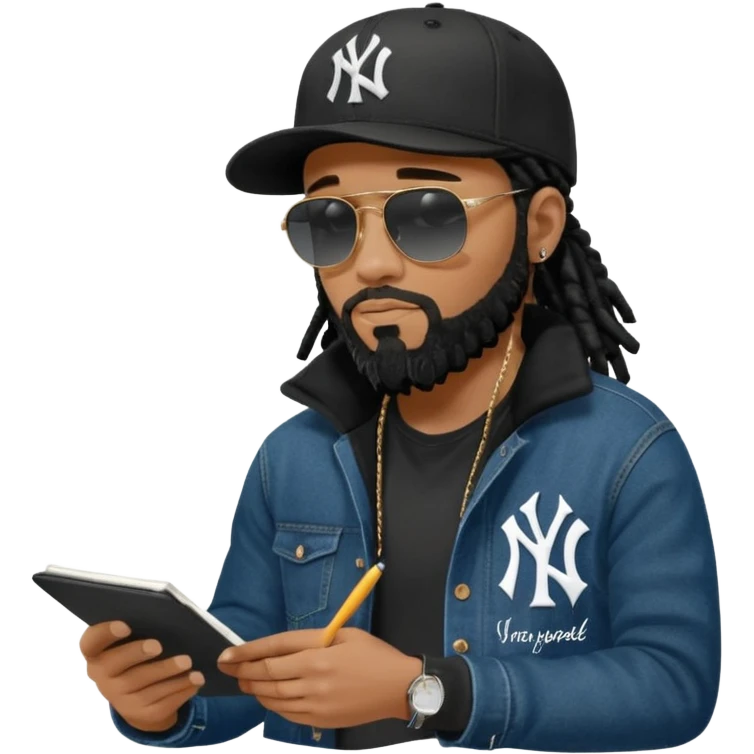 African American man with shoulder length black dreadlocks with black beard wearing black sunglasses wearing a black New York Yankees logo baseball cap wearing a black bubble winter coat wearing denim skinny jeans timberland boots writing a note emoji