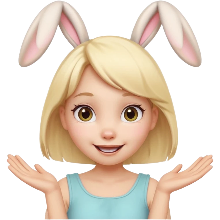 A playful blonde female cartoon character with wide, mischievous eyes, smiling, bunny ears accessory, dynamic pose suggesting movement, pastel colors, minimalistic and cute emoji style. emoji