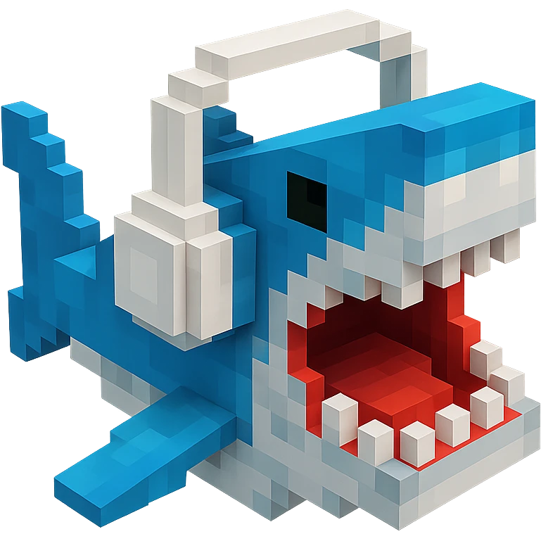 voxel style shark with white headphones, open mouth, blocky, blue and silver, no background emoji