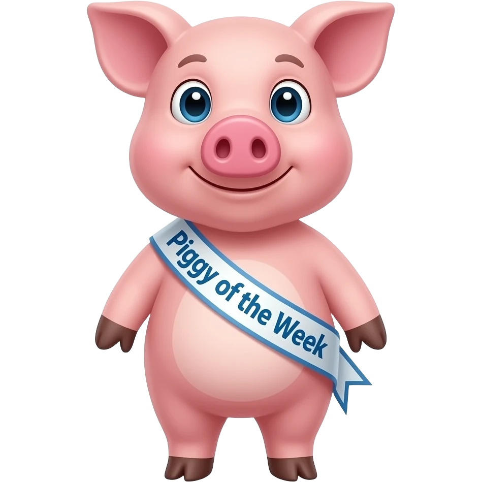 Pig standing up wearing sash that says “Piggy of the Week” emoji
