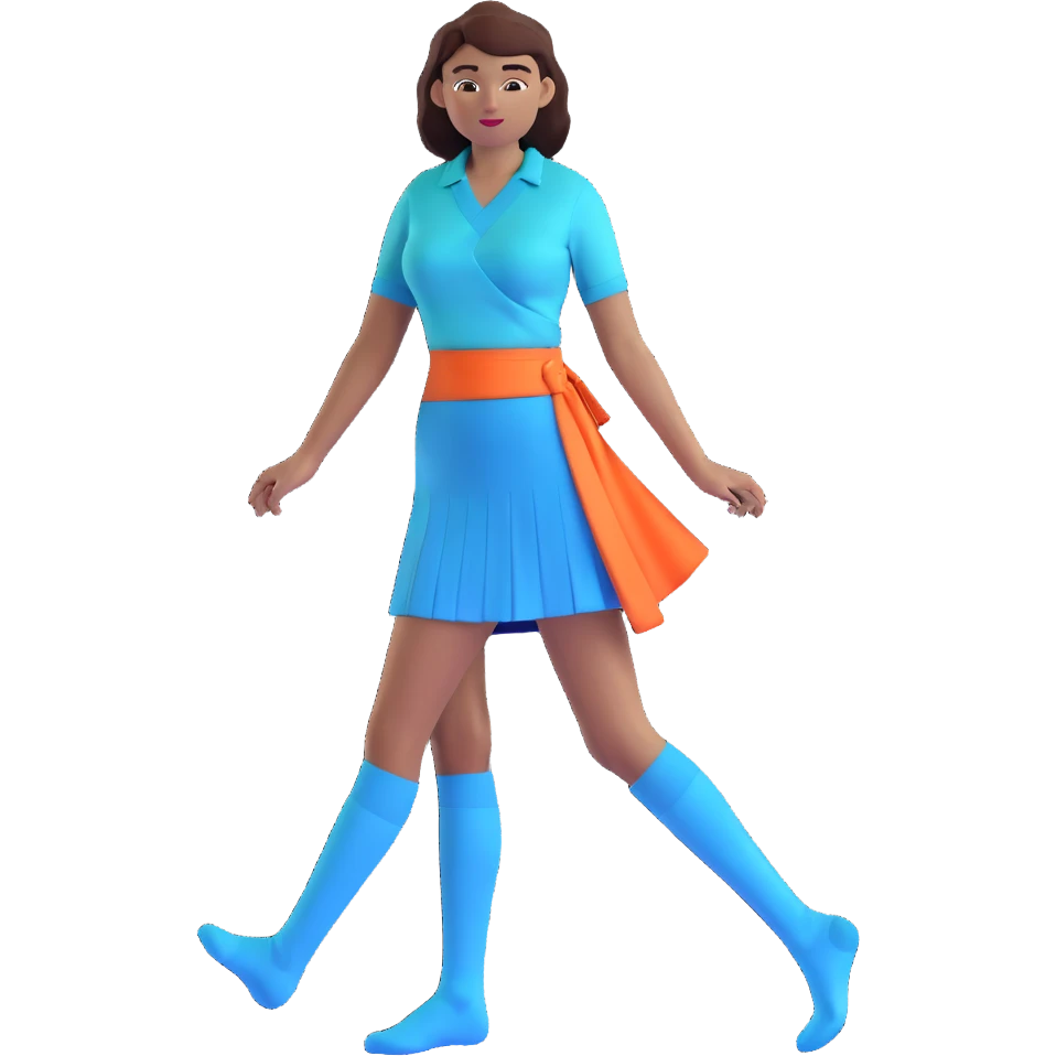 woman wearing teal wrap shirt, blue a-line skirt, light blue knee-high socks emoji