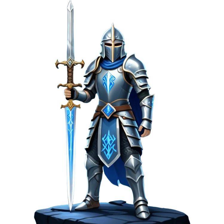 An icon representing RPG, inspired by Elden Ring. The design features a warrior in armor, holding a sword, standing in front of a mystical, dark landscape with glowing runes and a distant castle. The atmosphere evokes epic quests, exploration, and intense battles. Transparent background emoji