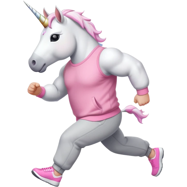 friendly anthropomorphised male white unicorn with a fit, chunky, muscular and strong physique, white arms and legs, wearing grey tracksuit pants and pink jumper, sunglasses, walking quickly emoji