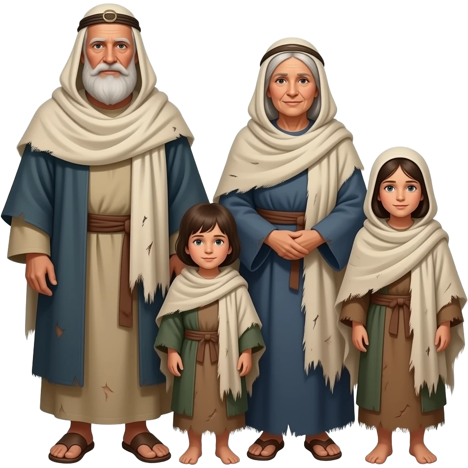 A Jewish nomadic family with an old man old woman and 2  children, wearing old tattered draped clothing from biblical times emoji