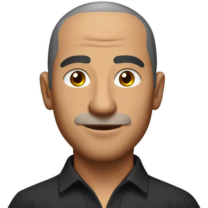 A middle-aged Italian man with olive-toned skin with buzz cut hair and no facial hair. He is wearing a sleek black smart shirt, casually unbuttoned at the top. emoji