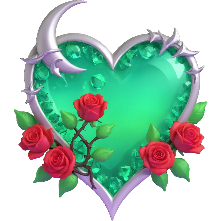 gothic heart made of emerald ice glass, silver crescent moon, jade roses, holographic stardust, neon green lightning, drenched and splintered glass emoji