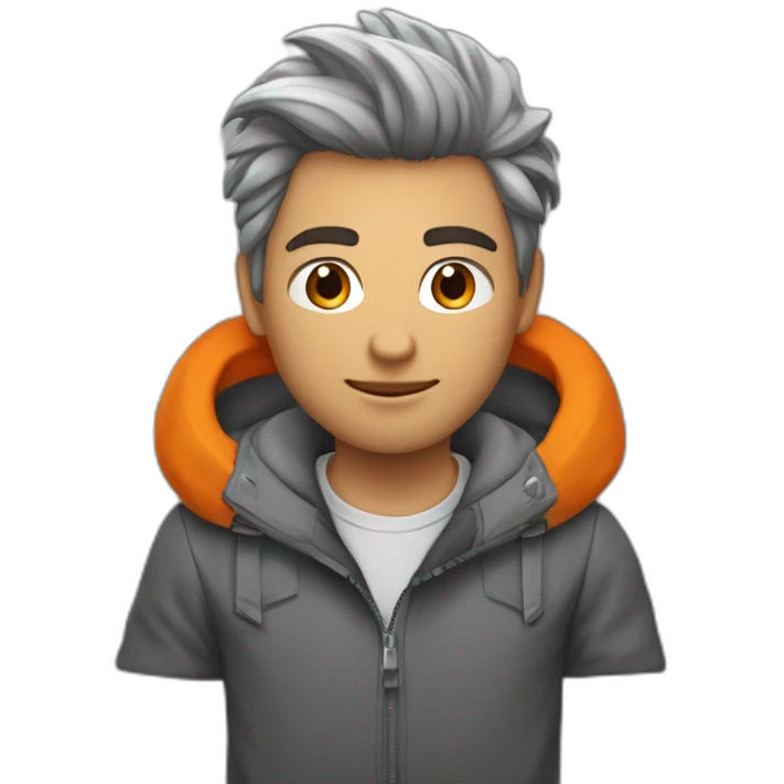 jeune homme balnc aux cheveux gris avec une doudoune orange emoji