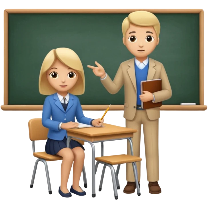 classroom scene with one student and a teacher emoji