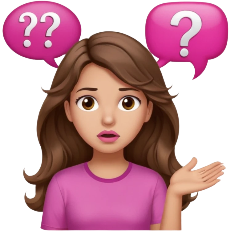 girl with long wavy brown hair, brown eyes, light to medium complexion, in a pink shirt, pink lips, long lashes, confused, question mark speech bubble emoji