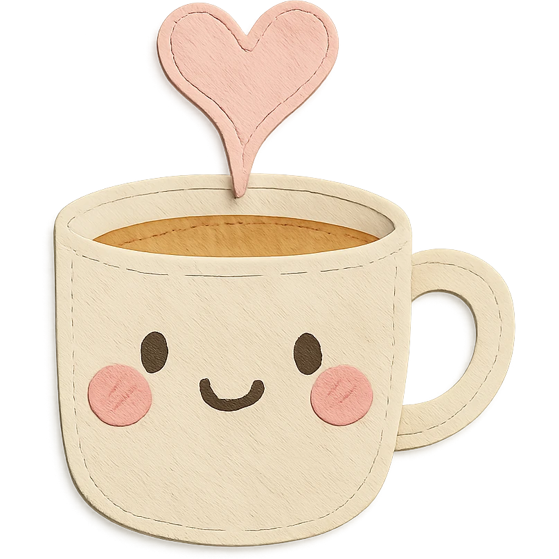 coffee cup with cute heart-shaped steam, blushing cheeks, soft pastel hand-drawn style emoji