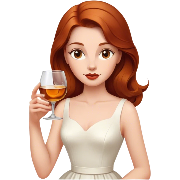 oval face Beautiful woman in 1950’s woman fashion look, no jewelry, white dress, long auburn hair, whisky emoji