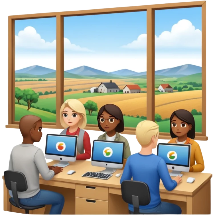 Employees of a startup company working on their computers while looking out the window at the rural landscape.w emoji