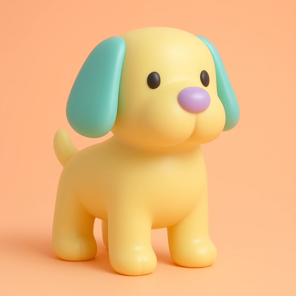               Transform {subject} into a soft vinyl figure with a smooth, glossy surface. The material should look slightly rubbery and tactile, with minimalistic curves and a matte-gloss hybrid finish. Use pastel or soft solid colors. The surface is seamless, with no visible textures or roughness. Studio lighting, vibrant background, clean, playful, designer toy aesthetic. {subject} = dog emoji