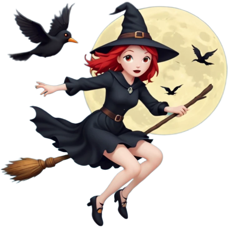 witch with red hair flying , on the background - full moon and black birds, должна сидеть на метле, ноги не касаются краев изображения emoji