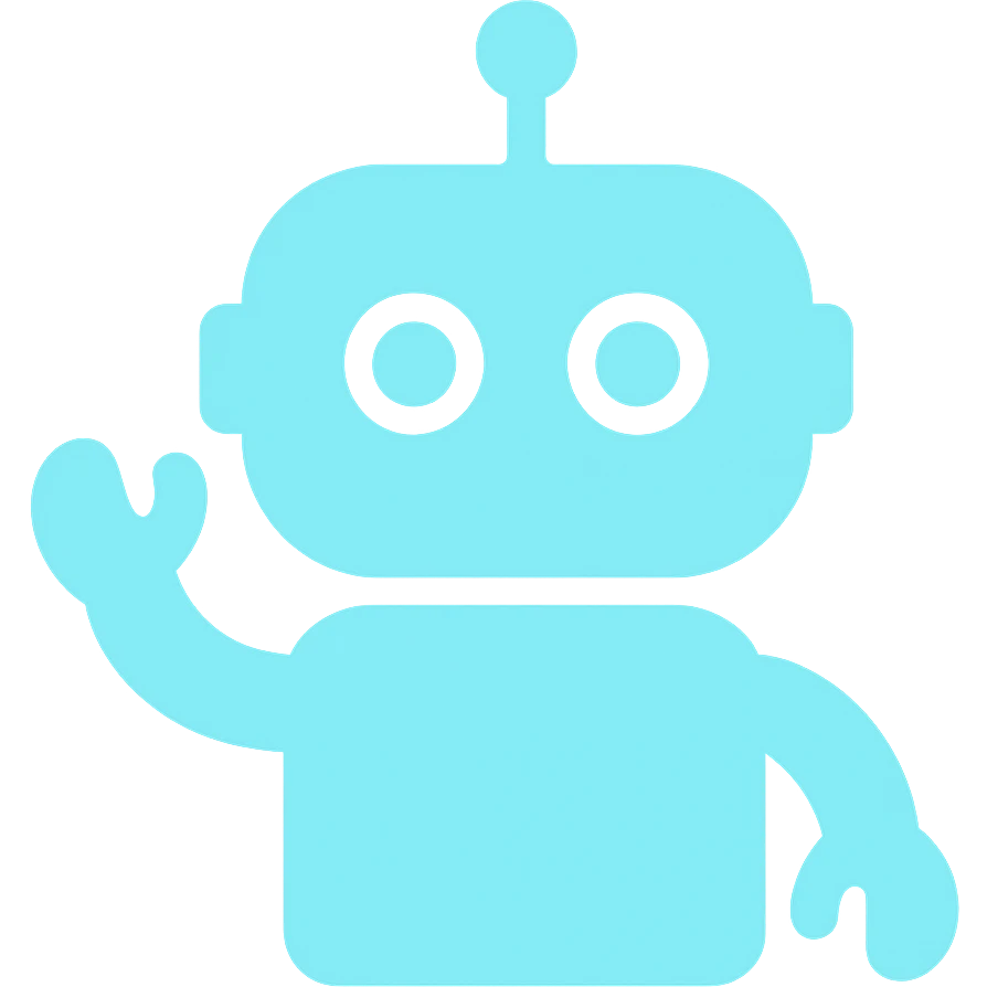 cute robot with waving hand and big eyes, main color #b0f2f8, color icon style emoji