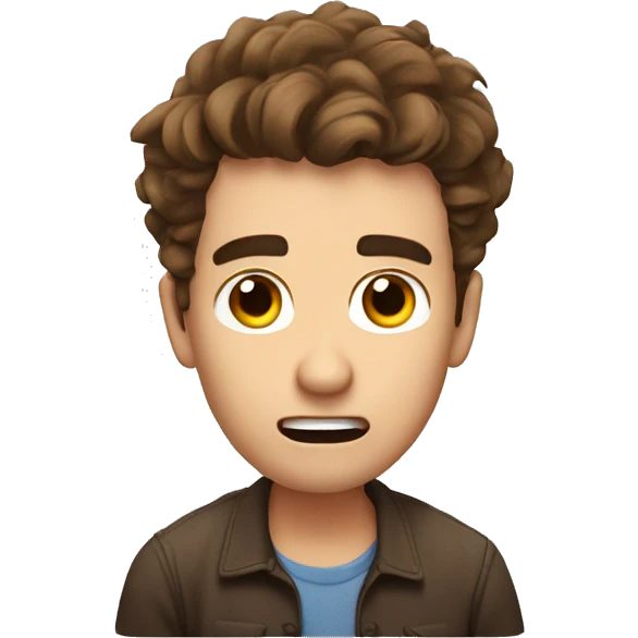 man with surprised face with messy brown hair, with small eyes and very high eyebrows emoji