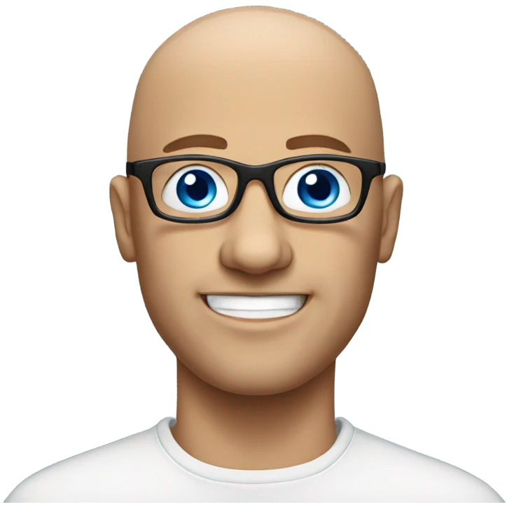 bald man with glasses indoors, blue eyes emoji
