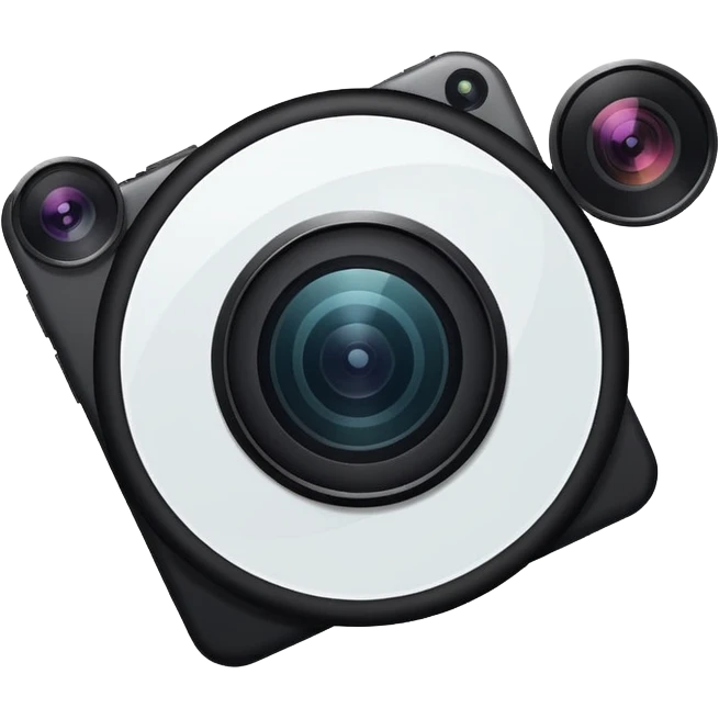 Minimalistic flat vector icon, iOS style, thin black contour on white background. Smartphone with a camera lens symbol. No text, no shadows.
 emoji